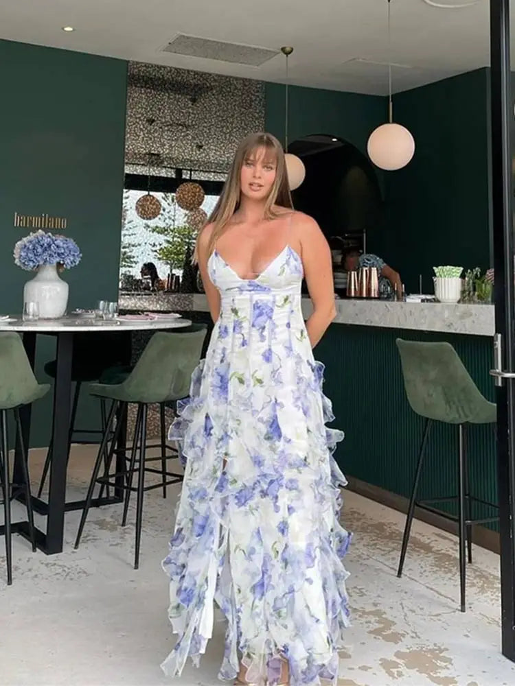 Women Elegant Flower Print Layered Ruffles Sling Dress Sexy Hollow Backless Sleeveless Split Long Dresses Chic Lady Party Robes - Seprincess