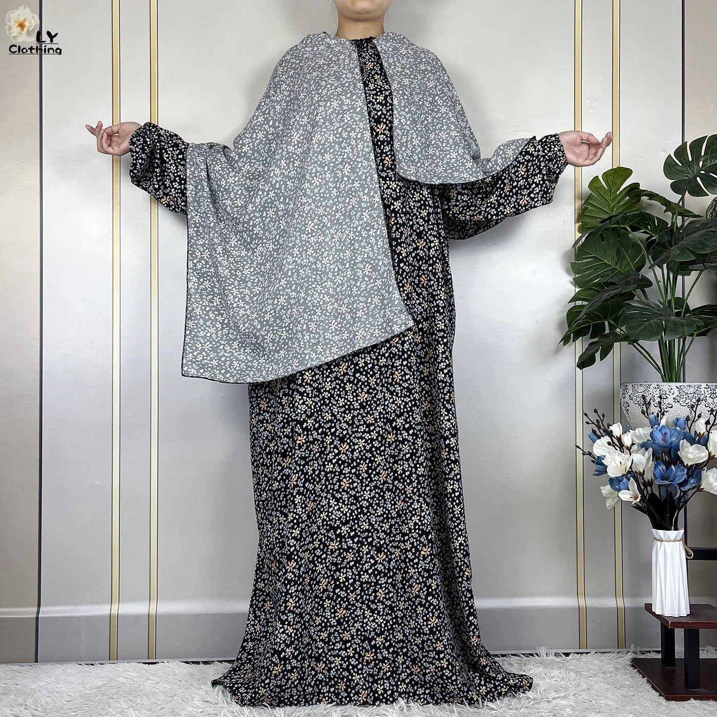 2024Latest Muslim Abayas For Women Ramadan Prayer Maxi Dubai Turkey Femme Cotton Robe Floral Loose African Dress Turban Attached