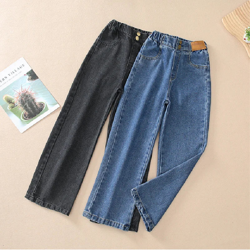 Girls Loose Jeans Pants Autumn Children Casual Straight Long Pants Teen School Big Kids Wide Leg Trousers 5-14 Years