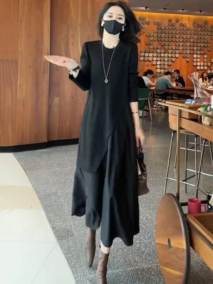 Women's Lyrical Party Dresses Long Sleeve Fake Two Piece Dress Round Neck Pure Black Skinny Casual Business Office Streetwear - Seprincess