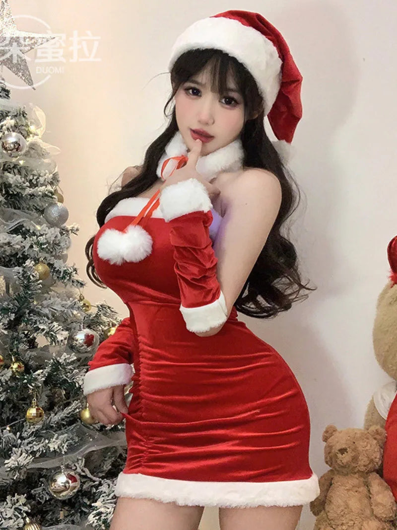 Fashion Sexy Korean Women Christmas Decoration Short Dress Elegant Velvet Sexy Female Cosplay Halloween Performance Dress 6BVH - Seprincess