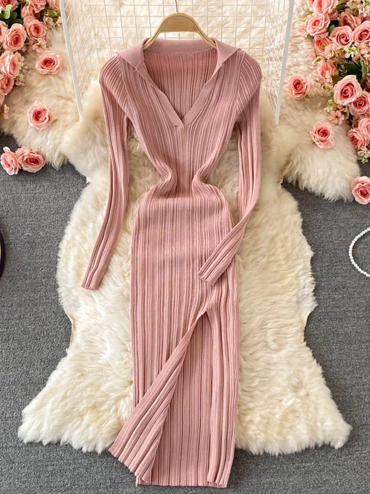 Women Korean Knitted Dress Long Sleeve V Neck Elastic Slim Pencil Dresses 2024 Autumn Sexy Bodycon Split Sweater Dress - Seprincess