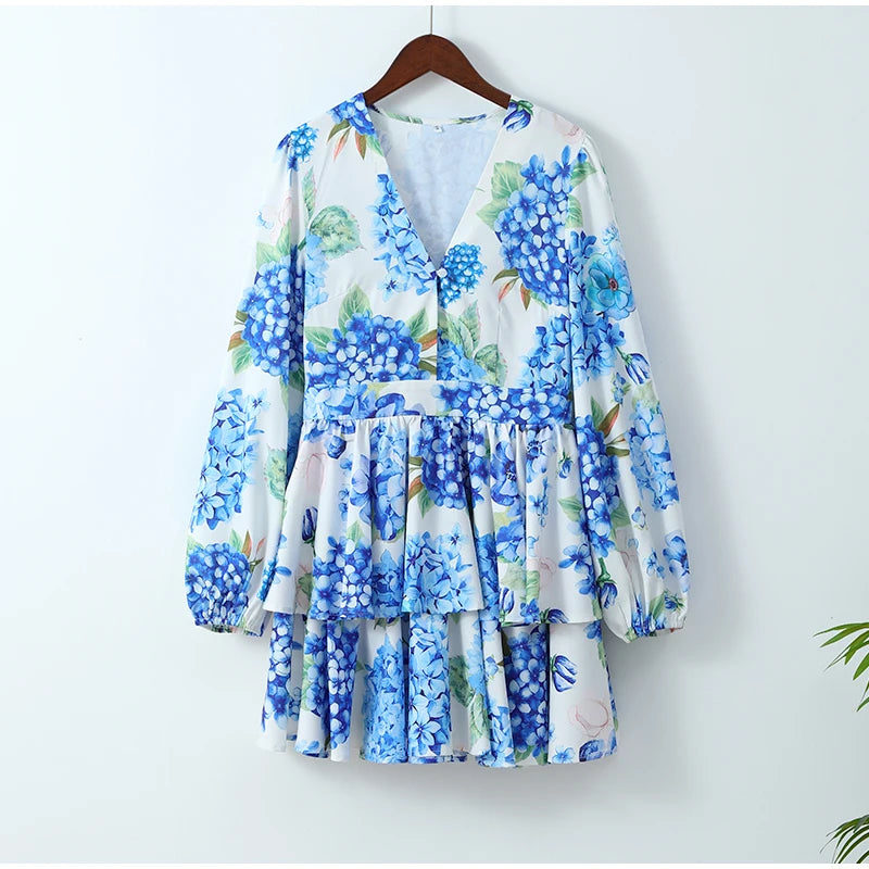 Elegant Flower Printed Ruffles Layered Mini Dress Chic V Neck Puff Long Sleeved A Line Dresses Fashion Lady Evening Party Gown - Seprincess