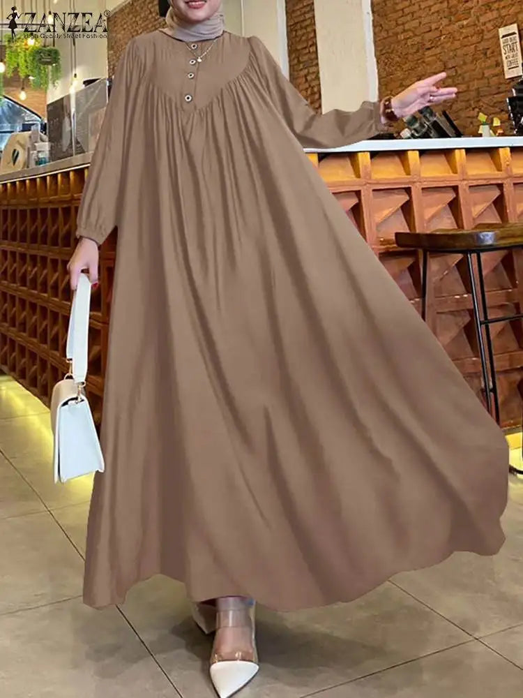 ZANZEA Islamic Dubai Hijab Dresses Autumn Muslim Dress Abaya Women Oversize Sundress Fashion Long Lantern Sleeve Maxi Vestidos - Seprincess