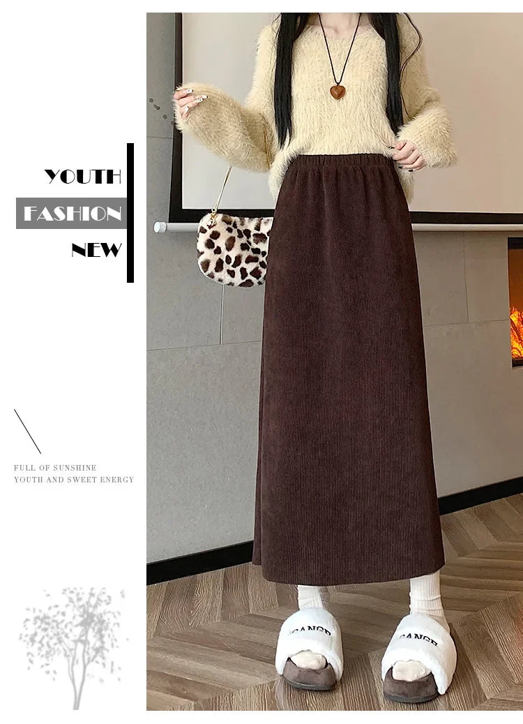 Thickened Fleece-Lined Corduroy Skirt Women's Autumn/Winter 2024 New Medium-Length A- Line Skirt With Side Slit High-Waisted