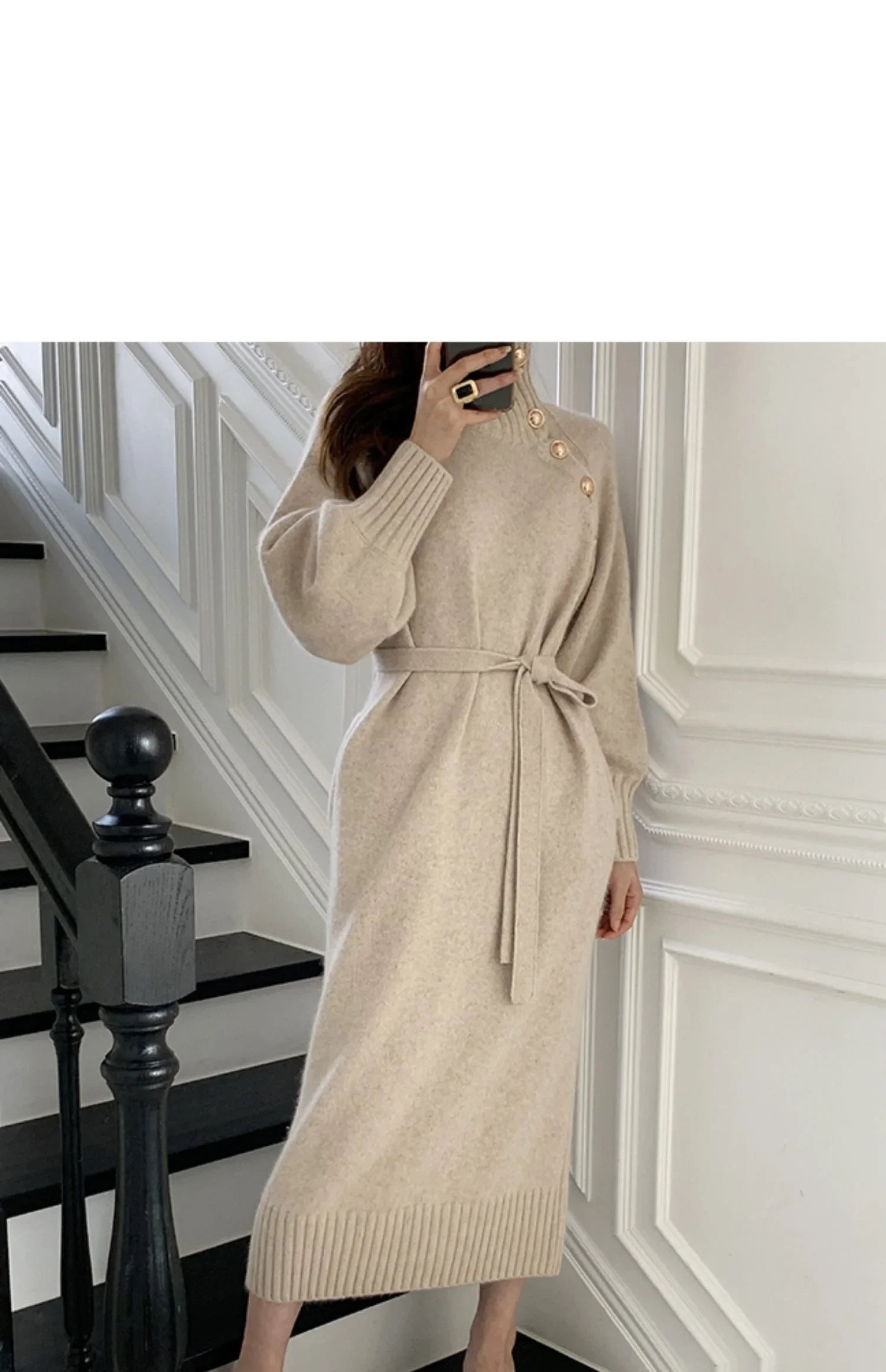 Winter Turtleneck Buttons Women Knitted Dress Elegant Full Sleeve Lace-up Female Thicken Long Dress for Sweater Autumn New - Seprincess