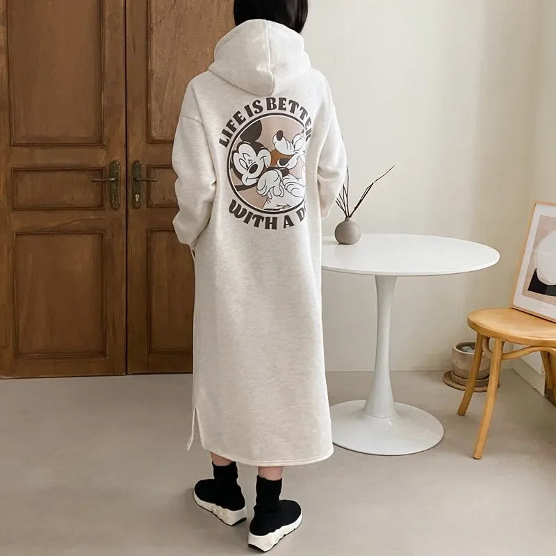 2023 Autumn/winter New Women's Fleece-lined Thickened Sweatshirt Hooded Dress Loose-fit Long Over-knee Korean Style - Seprincess