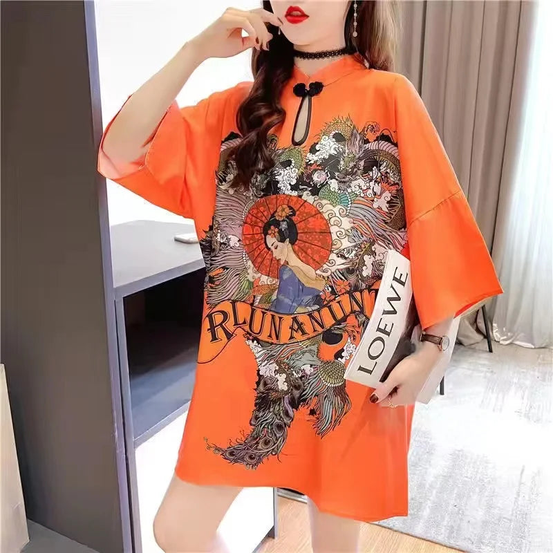 Chinese Fashion Print Dress Women Summer Long Sleeve National Style Cheongsam 2022 Modern Improve Vintage Elegant Loose Qipao - Seprincess