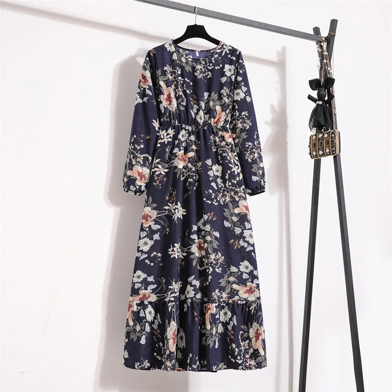 Women Floral Printed Maxi Dresses Spring Summer Casual O Neck Full Sleeve High Waist A Line Boho Beach Party Long Dress Vestidos - Seprincess