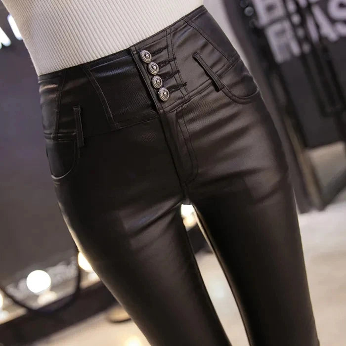 Autumn Winter New High Waist Stretch Leather Leggings Thick Female Faux PU Leather Pants Sexy Push Up Slim Tights Fleece Trouser