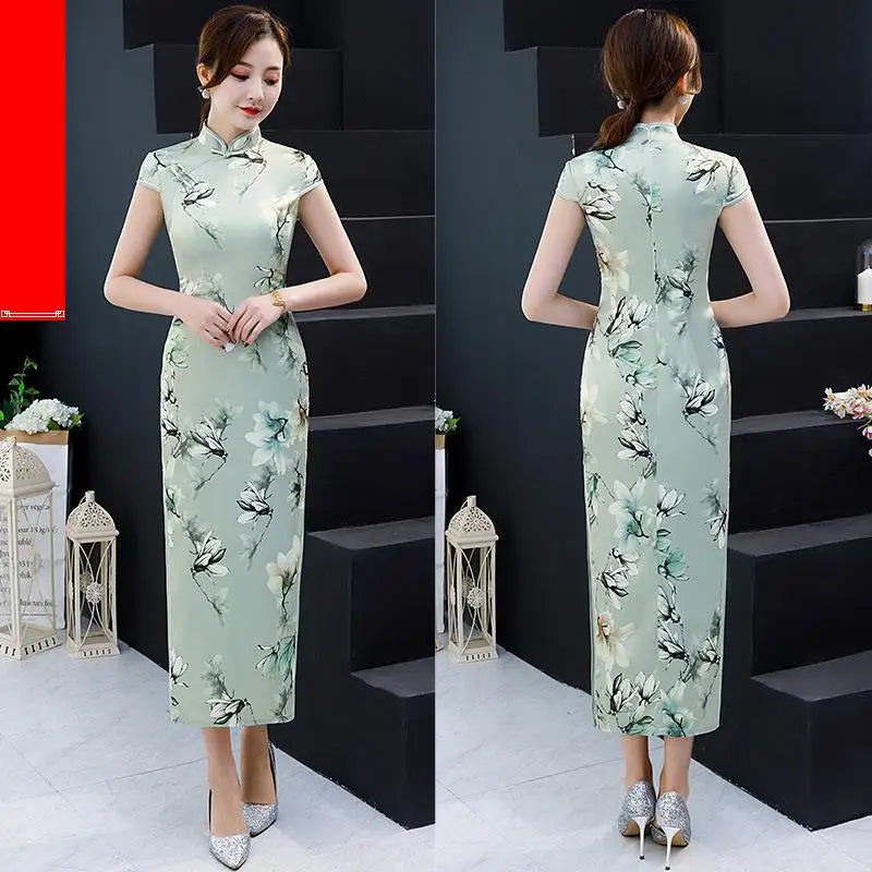 Summer Lady Short Sleeve Qipao Chinese Traditional Women Party Dress Female Elegant Print Vintage Button Cheongsam - Seprincess