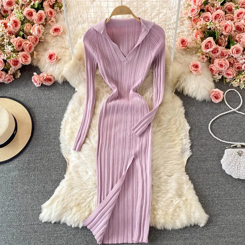 Women Korean Knitted Dress Long Sleeve V Neck Elastic Slim Pencil Dresses 2024 Autumn Sexy Bodycon Split Sweater Dress - Seprincess