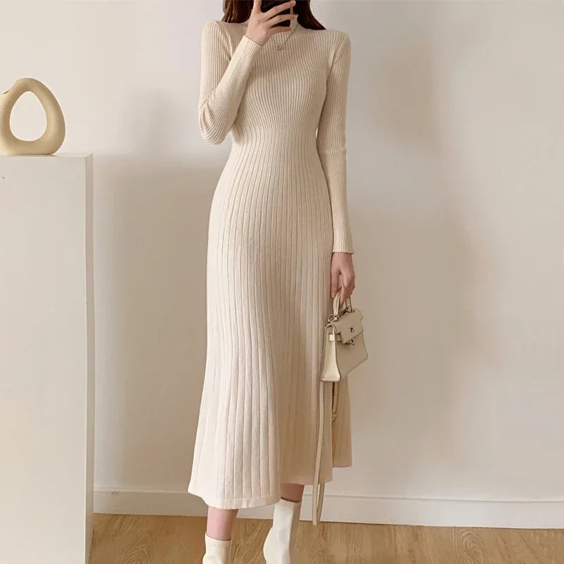 2024 Winter New Slim Long Sleeve Party Dress Womens Knitted Half High Neck Elegant Knitted Sweater Dress Women - Seprincess