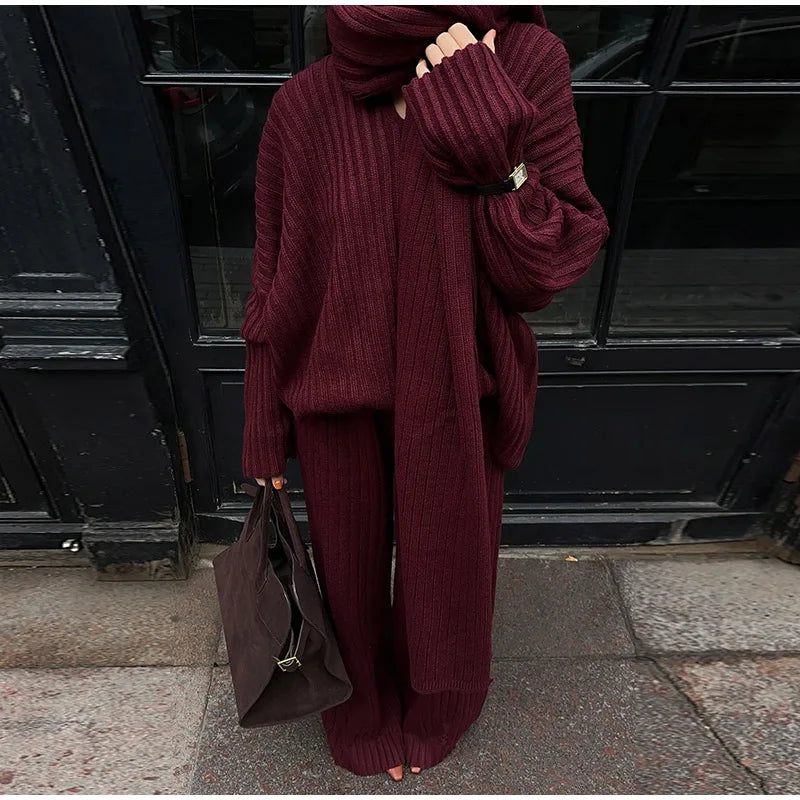 Women Elegant Solid Mohair High Waist Midi Knit Skirt Set Casual O Neck Long Sleeves Pullover Suit 2024 Autumn Lady Chic Outfits