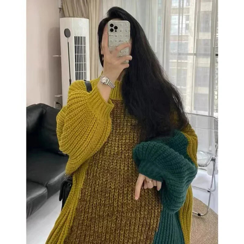 Women Clothing Chic Contrast Style Thick Knitted Dresses Winter Patchwork Vintage Korean Fashion Y2k Dresses - Seprincess