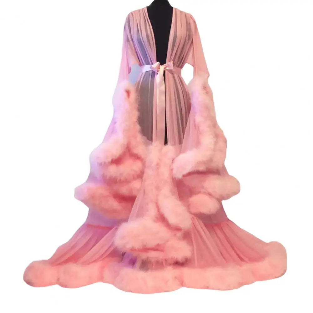 Bathrobe for Women Flare Sleeves Feather Bridal Robe Nightgown Silk Illusion Long Wedding Scarf Dressing Gown Photography Dress - Seprincess