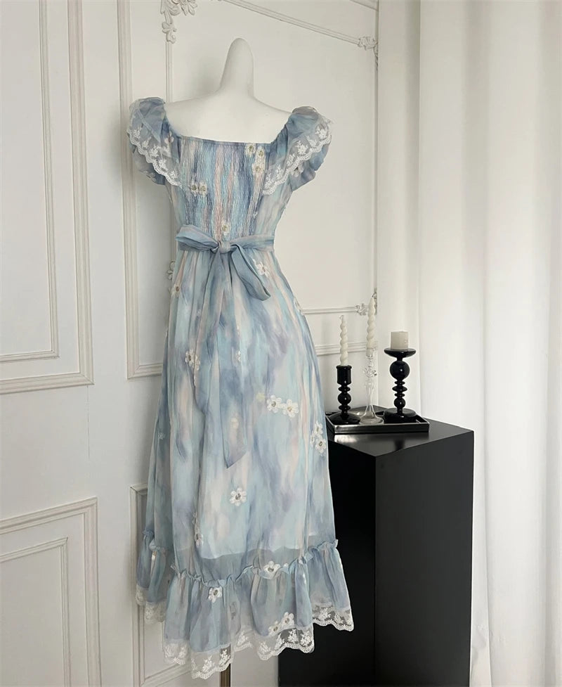 Women Blue A-line Lace Bow Dress Vintage Elegant Sleeveless Kawaii Flower Print Dresses Y2k One Piece Frocks 2000s Clothes 2024 - Seprincess