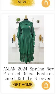 ANLAN Miyake Pleated Maxi Long Dress Mesh Petal Sleeve Half Turtleneck Formal Dresses for Women 2024 New Hot Sales 6KK9927