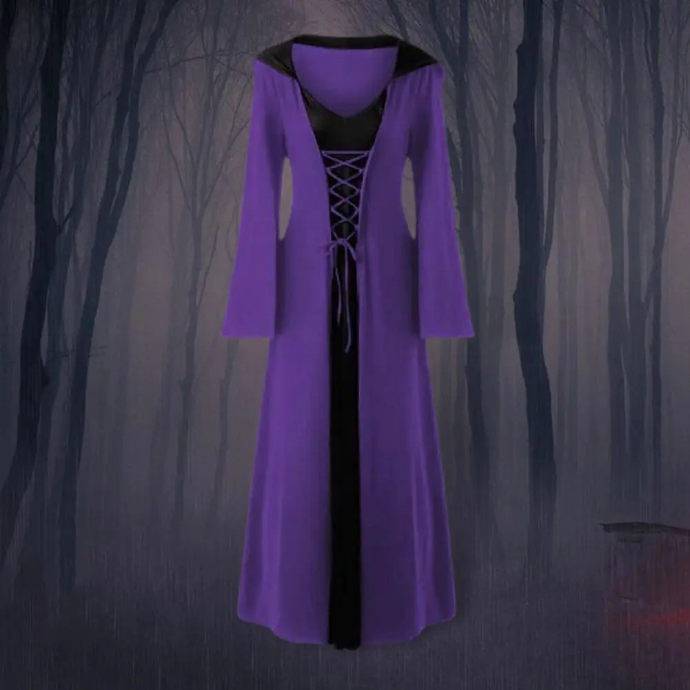 Women Halloween Dress Halloween Party Outfit Dark Style Halloween Witch Costume with Lace-up Strap Hood Long Horn for A-line - Seprincess