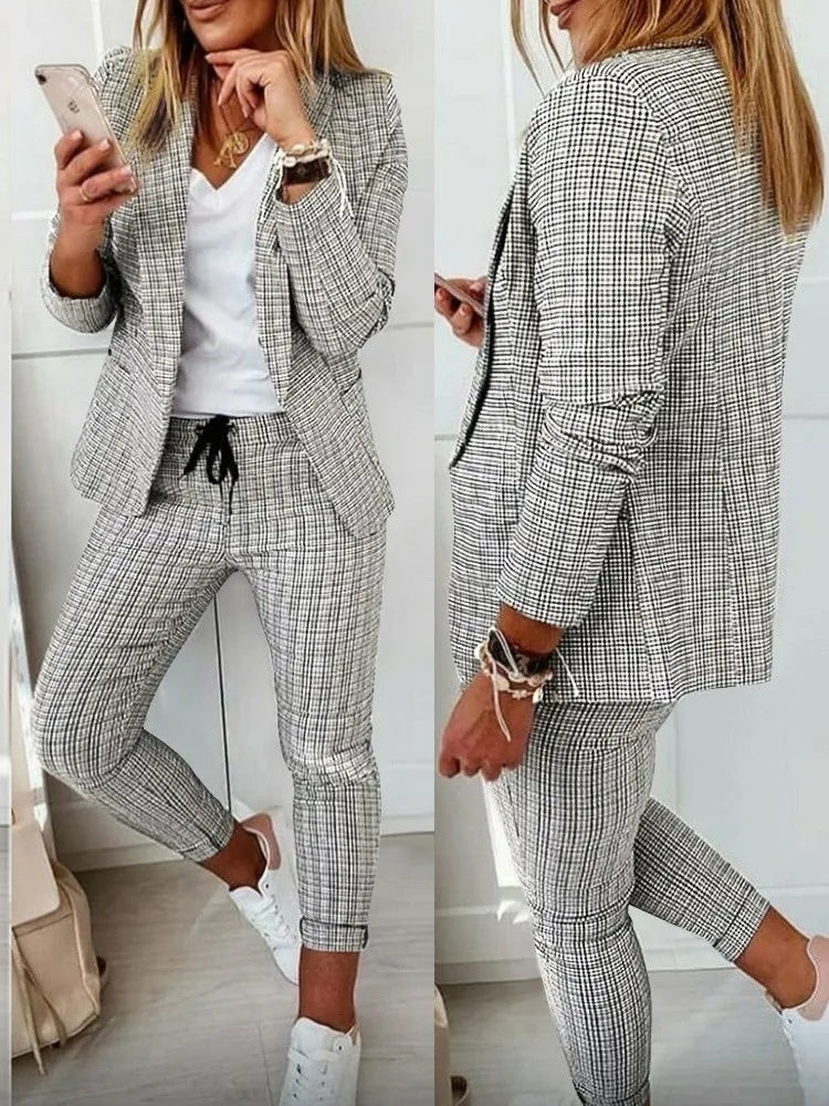 New Autumn Winter Plaid Printing Two Piece Sets Women Casual Notched Collar Blazer & Pants Set Outfits Fashion Elegant Suit Sets - Seprincess