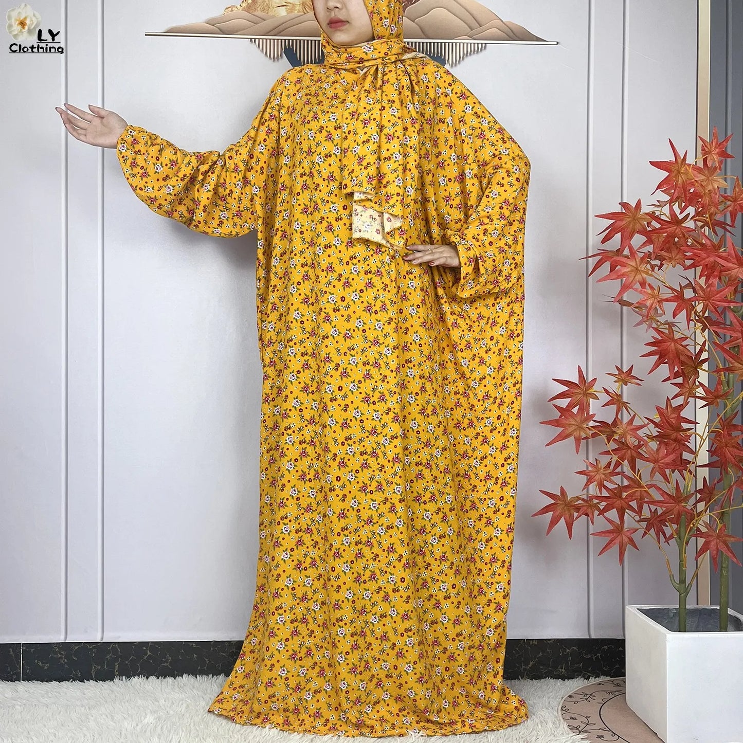 2024Latest Muslim Abayas For Women Ramadan Prayer Maxi Dubai Turkey Femme Cotton Robe Floral Loose African Dress Turban Attached