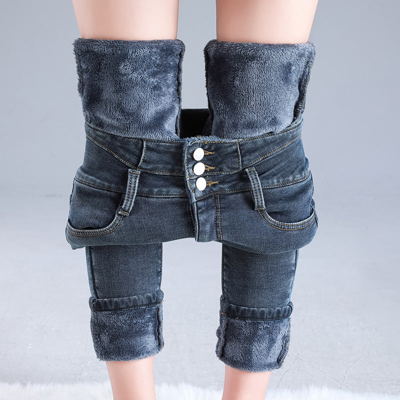 Women Thermal High Waist Jeans Winter Snow Warm Plush Stretch Jeans Lady Skinny Thicken Students Denim Pants Fleece Fur Trousers