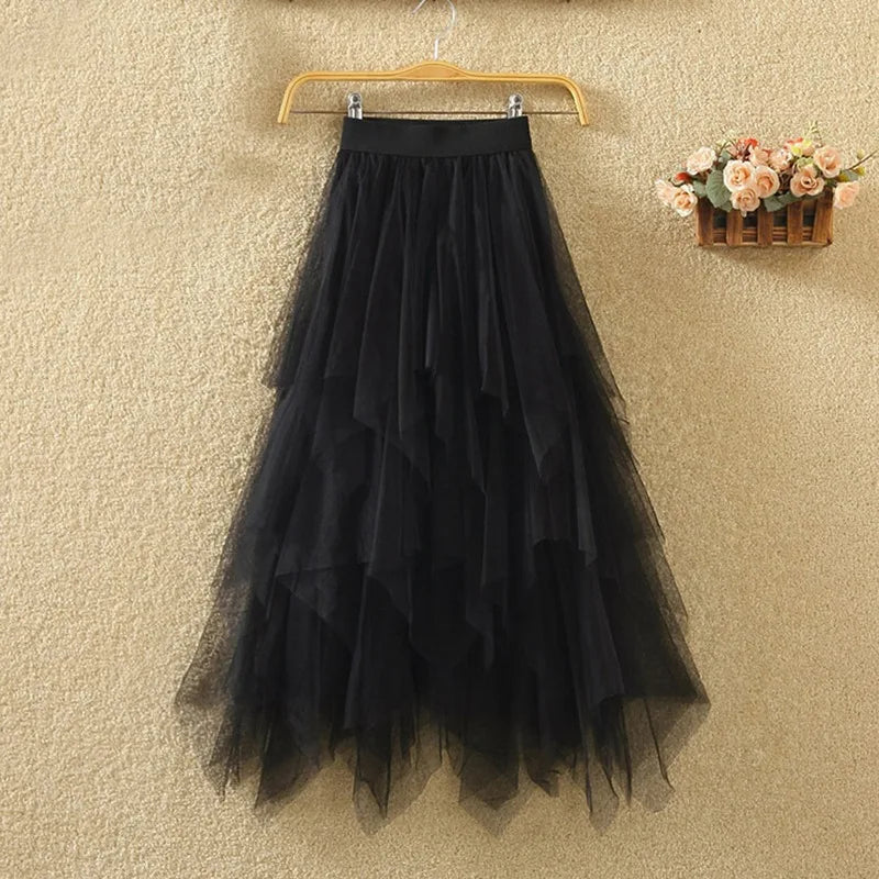 Women's Tulle Skirt Formal High Low Asymmetrical Midi Length Elastic Waist Tutu Layered Puffy Fairy Ball Gown Skirts Streetwear - Seprincess