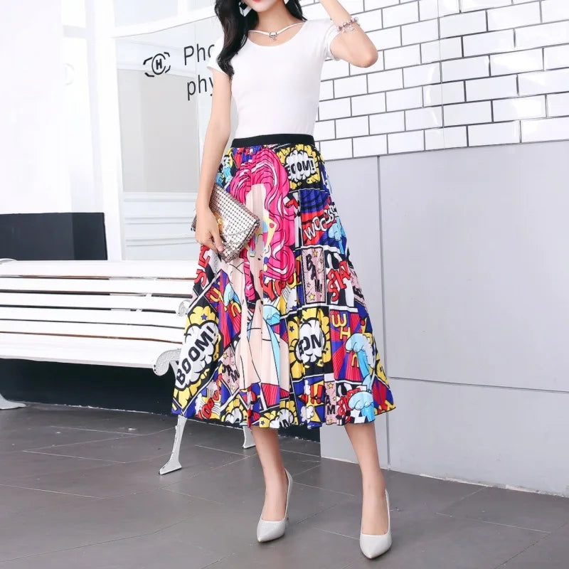 2024 Summer Women Cartoon Print Pleated Skirts A Line High Waisted Elastic Midi Long Skirt Ladies Party Korean Style Dresses