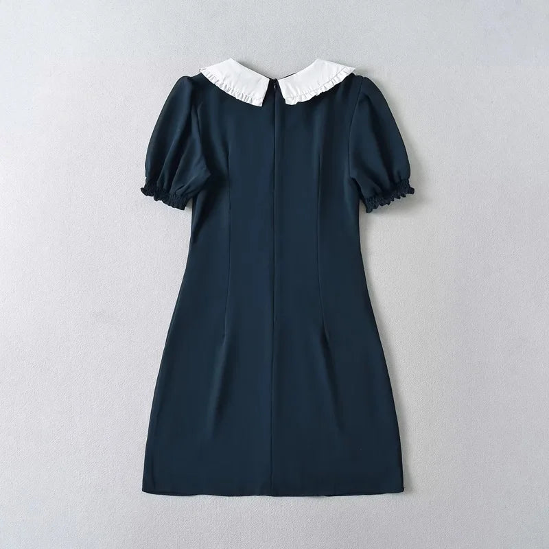 Women Oversized Collar Puff Sleeve Mini Dress With Bow Detail - Seprincess