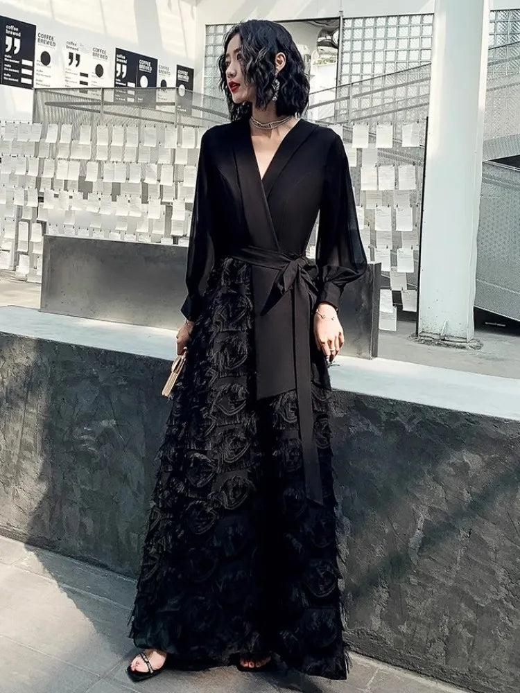 Black V-Neck Evening Dress For Women With High-End Temperament, Elegant And Luxurious Design, Slim Fit And Unique Dress - Seprincess