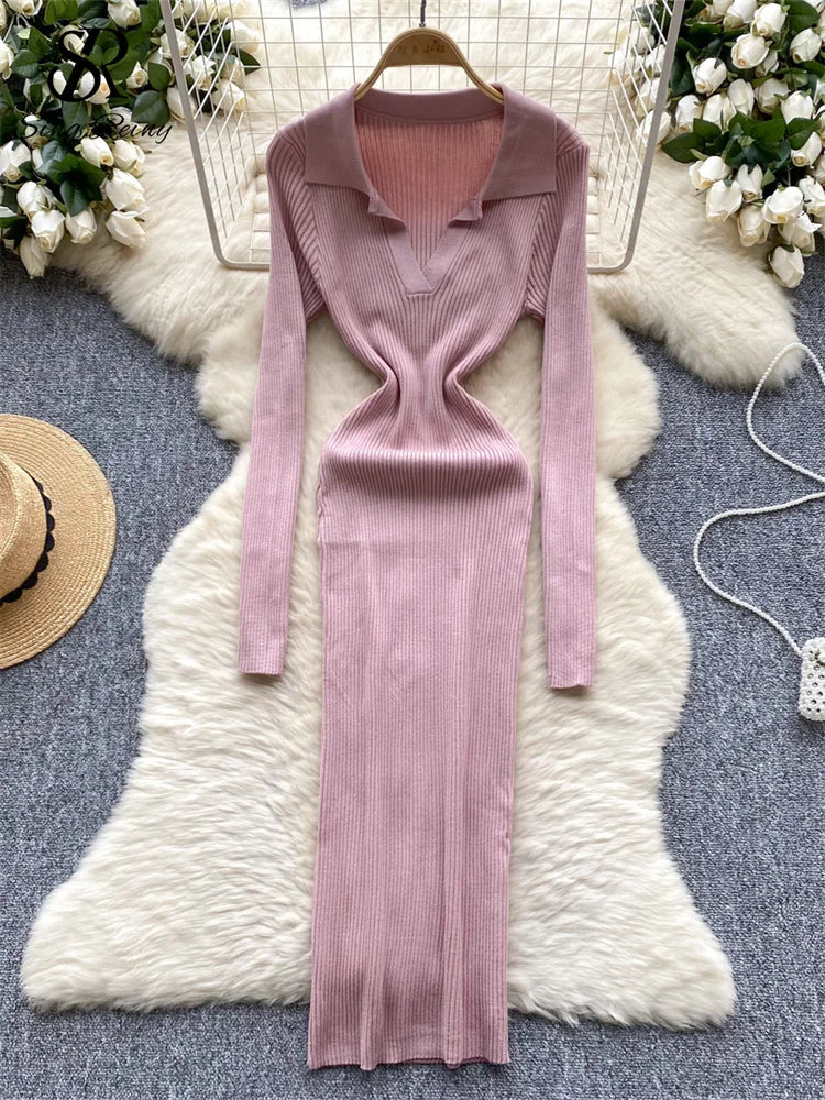 SINGREINY French Vintage Sweater Dress 2024 Ladies Lapel Long Sleeves Autumn Fashion Solid Basics Bodycon Knitted Long Dress - Seprincess