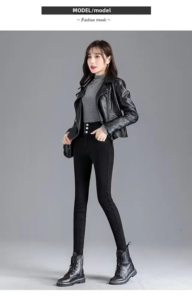 High-waisted Fleece-lined Jeans Women's Winter New Slimming Black Slim Fit Trendy Pencil Leggings