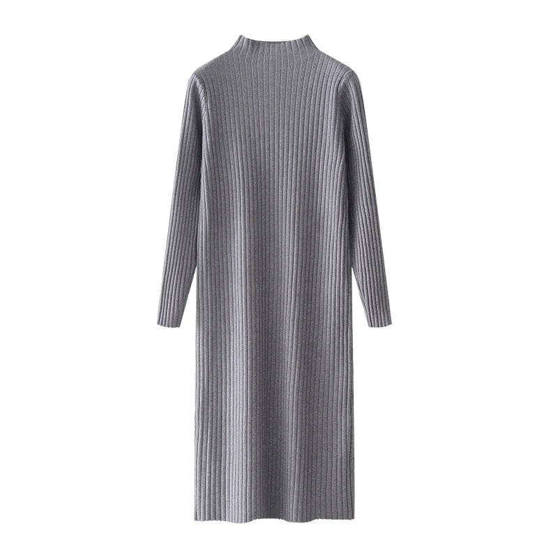 ABRINI Women Fall Versatile Mock Neck Knit Dress New Winter Inner Layer Long Sleeved Dress Casual Loose Mid-Length Sweater Dress - Seprincess