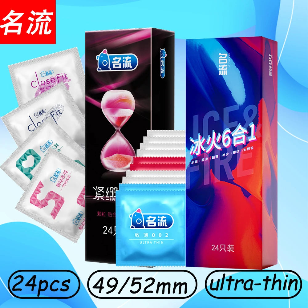 24pcs Natural Latex Condom 49mm 52mm Tight Delay Sex Smooth Pellet Penis Sleeve Adults Contraception Supplies Erotica Sexshop - Seprincess