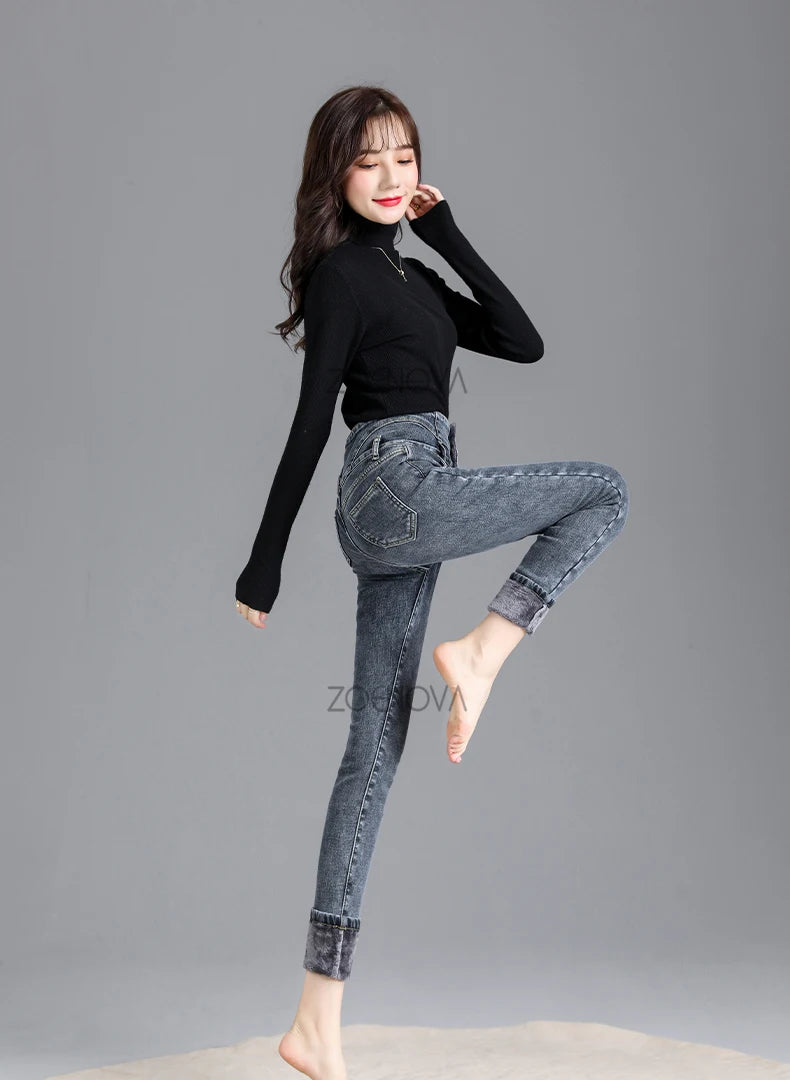 ZOENOVA Autumn Winter Streetwear Women Fleece Warm Jeans Fashion Casual Slim Versatile High Waist Elastic Velvet Soft Leggings