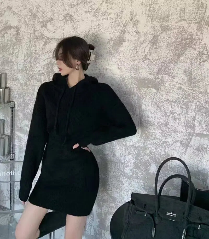 Women Winter Dress Knitted Sweater Solid Slim Elastic Hoodie Dress High Waist Vintage Pullovers Sniper Style Mini Dress Korean - Seprincess