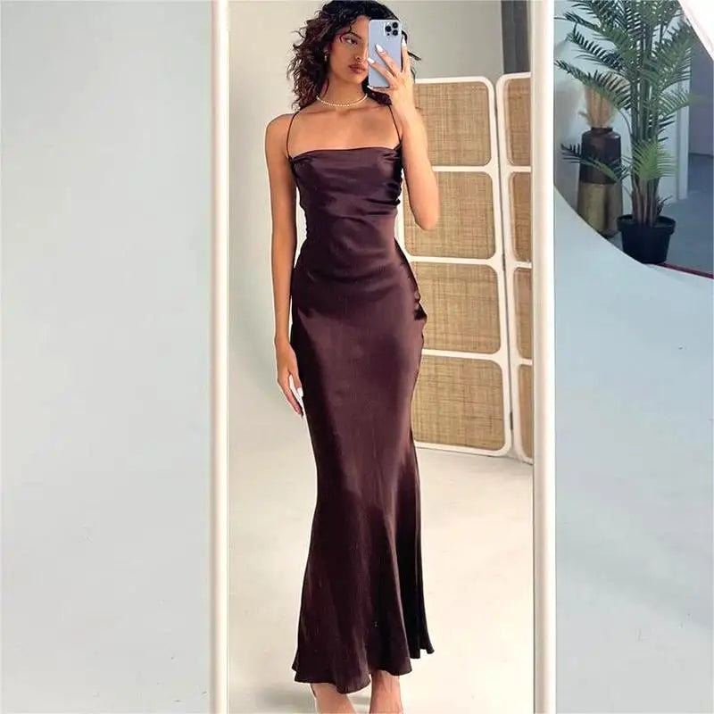 Elegant White Satin Long Dress For Women Bandage Bodycon Backless Maxi Dress Sexy Spaghetti Strap Mermaid Evening Party Dresses - Seprincess