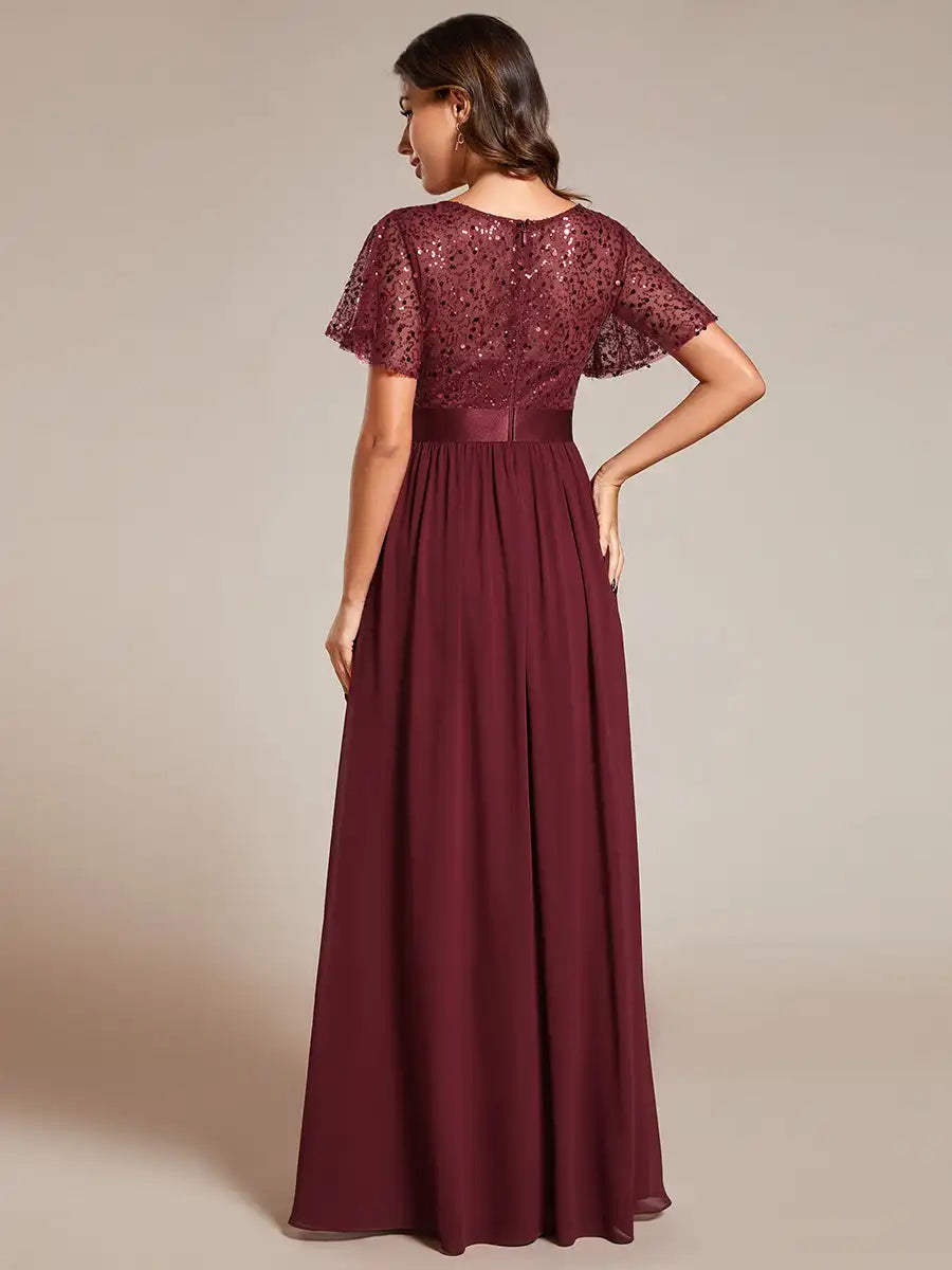 Elegant Evening Dresses Round-Neck Sequin High Waist Short-Sleeved Formal 2024 Ever Pretty of Burgundy Bridesmaid dress - Seprincess