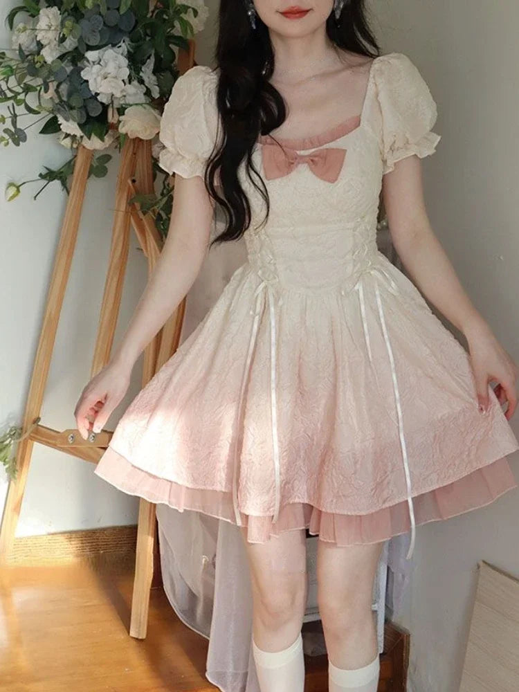 Bubble Sleeve Kawaii Lolita Mini Dress Women Pink Bow Princess Sweet Party Cute Dress A-Line Elegant Fairy Dress 2024 Spring New - Seprincess