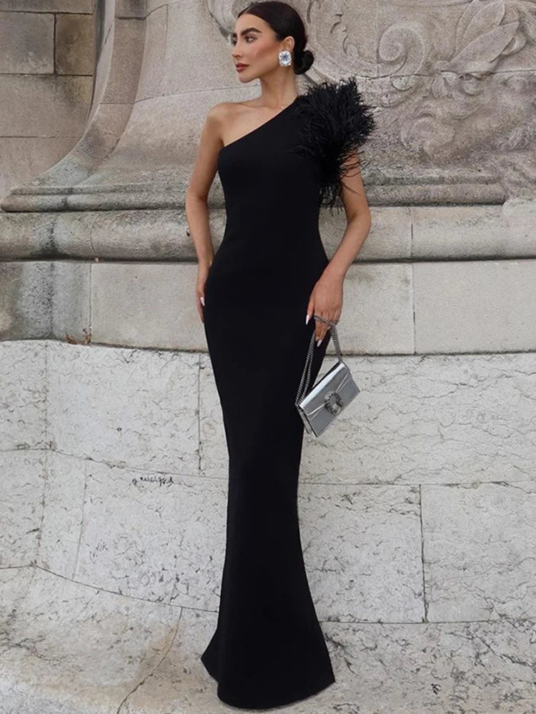 Dulzura Black Sleeveless One Shoulder Feather Maxi Dress For Women Bodycon Sexy Party Elegant Long Dress Birthday Evening Outfit - Seprincess