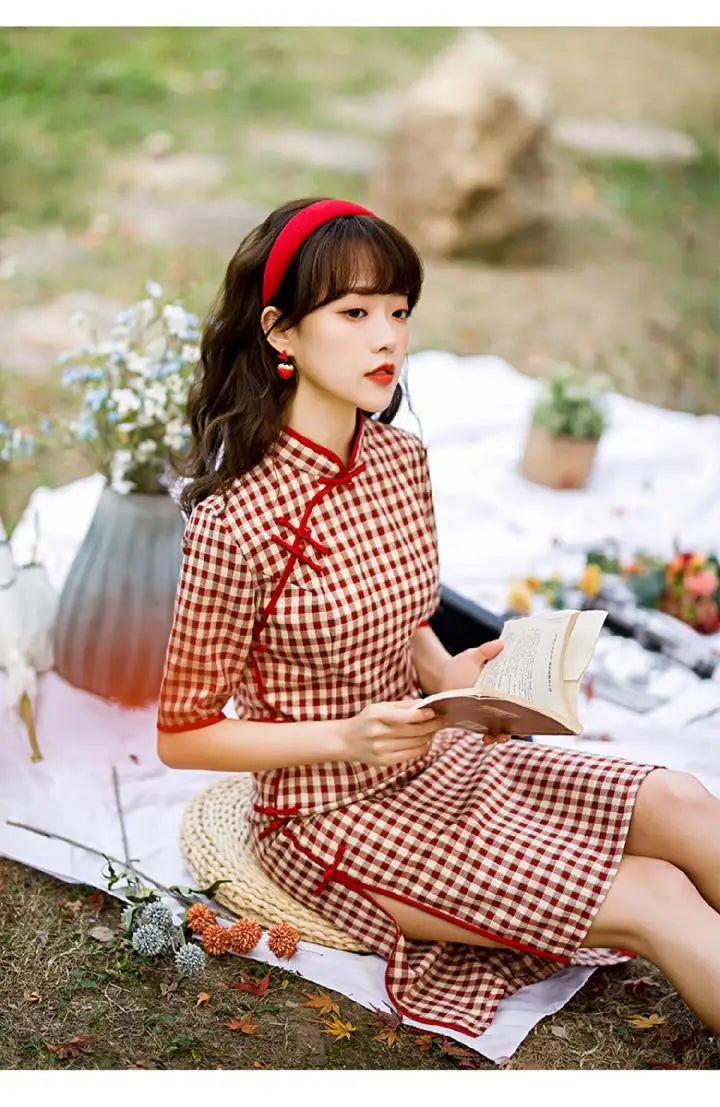 Plaid Cheongsam Young Girl 2024 Spring New Style Literary Elegant Retro Chinese Style Qipao Dress - Seprincess