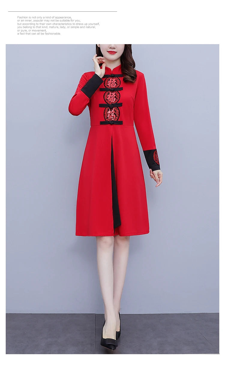 Women's Autumn New Red Festive Dress Slim Retro Improved Cheongsam Chinese Traditional Qipao Dress Plus Size M-5XL - Seprincess