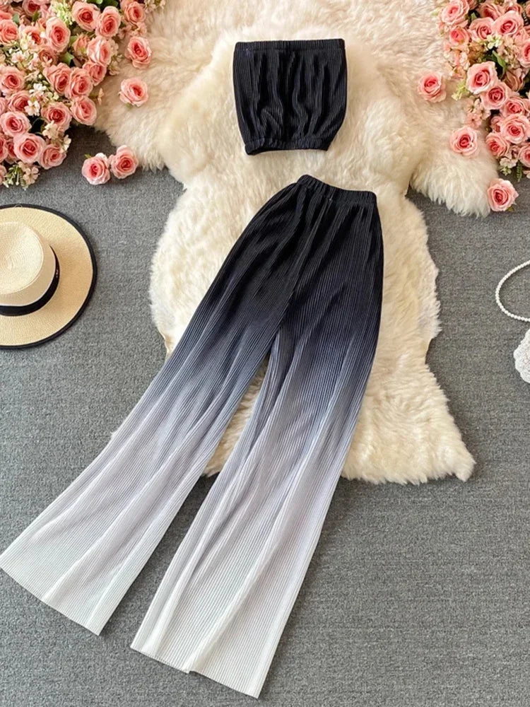 Summer Women's Suit Korean Street Style Gradient Tube Top Short Top + High Waist Wide Leg Pants Female Sets FC441 - Seprincess