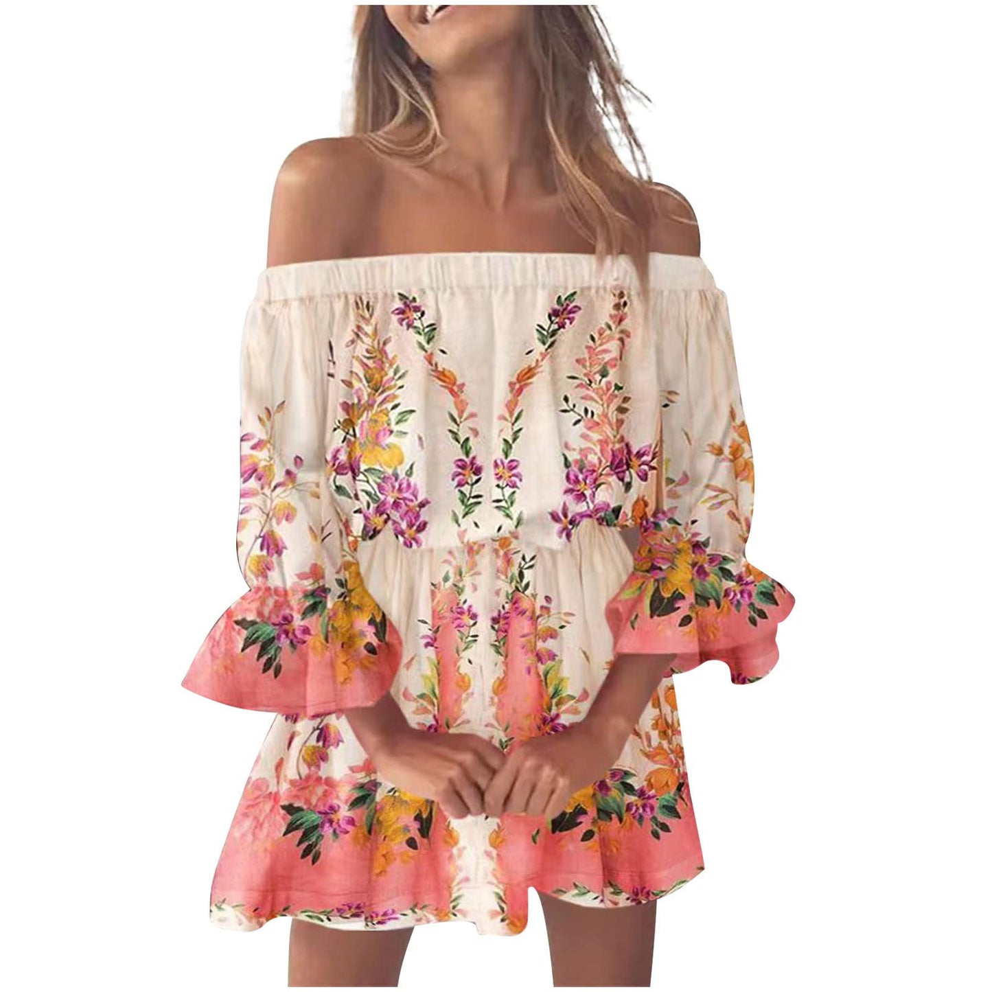 Boho Dresses for Women 2023 Summer Sexy Off Shoulder Floral Print Flare Sleeve Tunic Dress Women Casual Mini Sundress Vestido - Seprincess