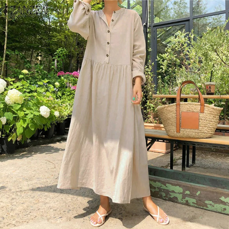 Women's Elegant Solid Cotton Robe Femme 2022 Spring Autumn Bohemian Maxi Dress ZANZEA Casual Long Sleeve Shirt Dresses Oversized - Seprincess