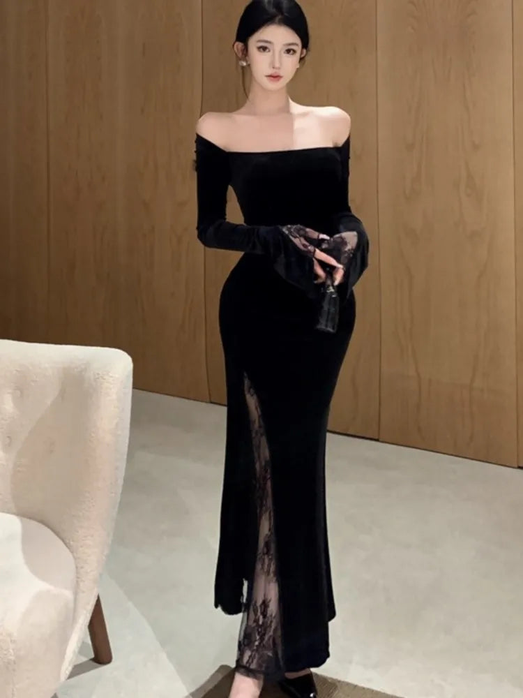 Women's Sexy Black Velvet Dress Elegant Chic Off Shoulder Lace Split Evening Party Dresses Autumn Female Bodycon Vestidos Mujer - Seprincess