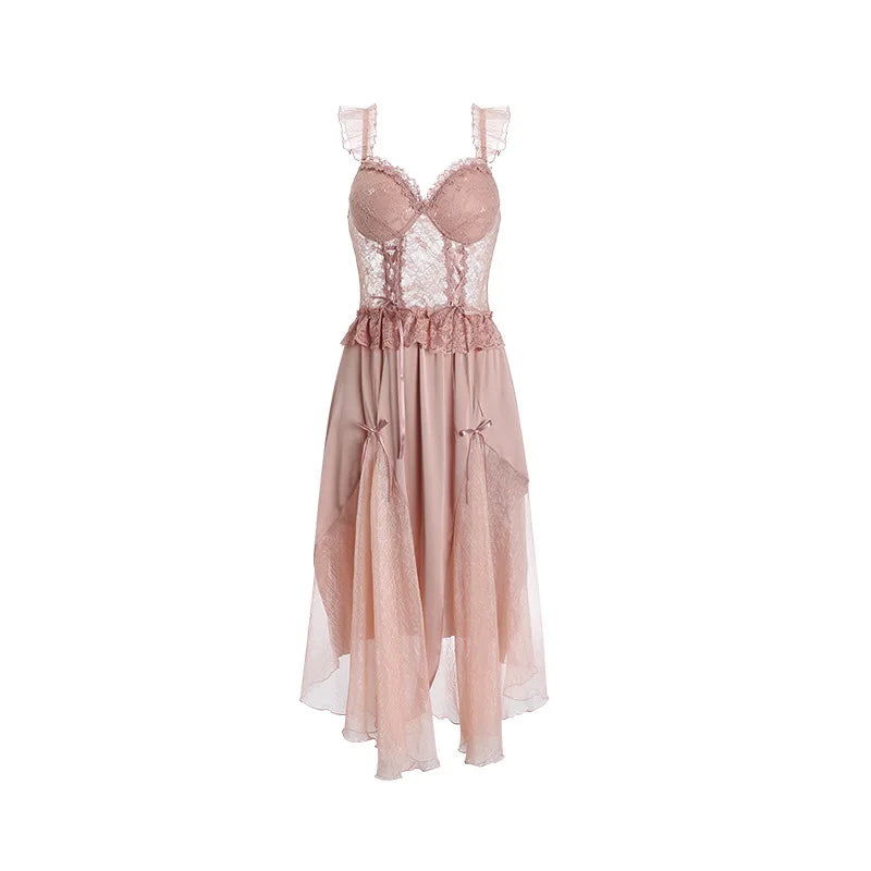 Sexy Strap Nightgown Female Lace Sleepwear Gown Intimate Lingerie Summer Women Robe Nightgown Silky Satin Home Wear Dress - Seprincess