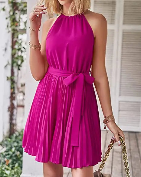 2023 Summer Short Pleated Dress Women Halter Dress Ladies Sleeveless A Line Party Dress For Women