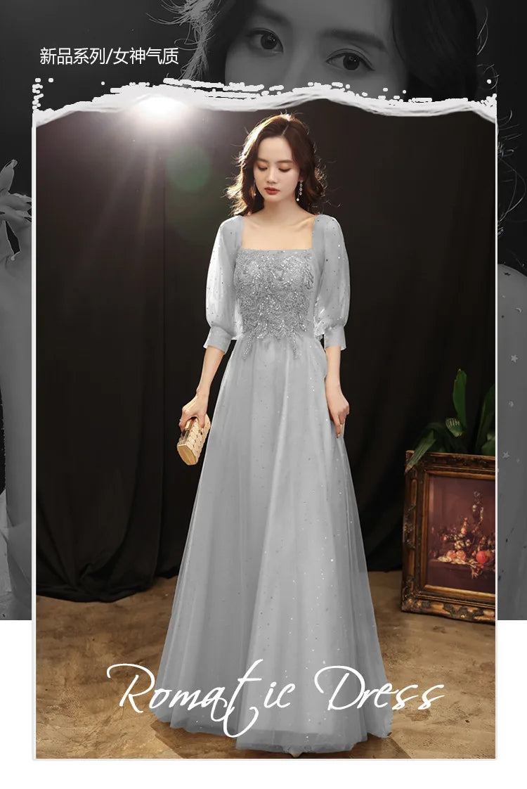 Grey Shining long lady girl women princess banquet party ballbridesmaid performance prom dress performance gown - Seprincess