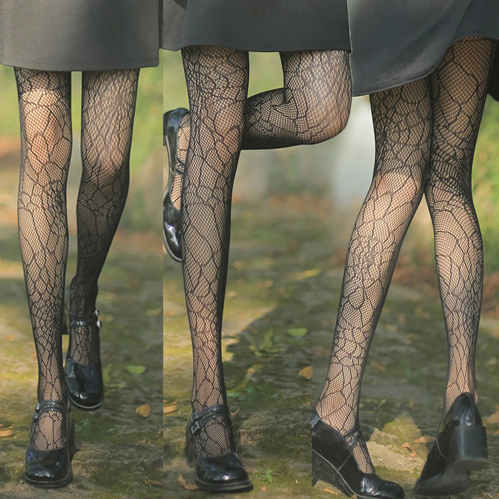 Hollow Out Mesh Tight Stockings Halloween Fishnet Sexy Pantyhose Skull Spider Web Patterned Nylon Stretchy Gothic Dark Pantyhose